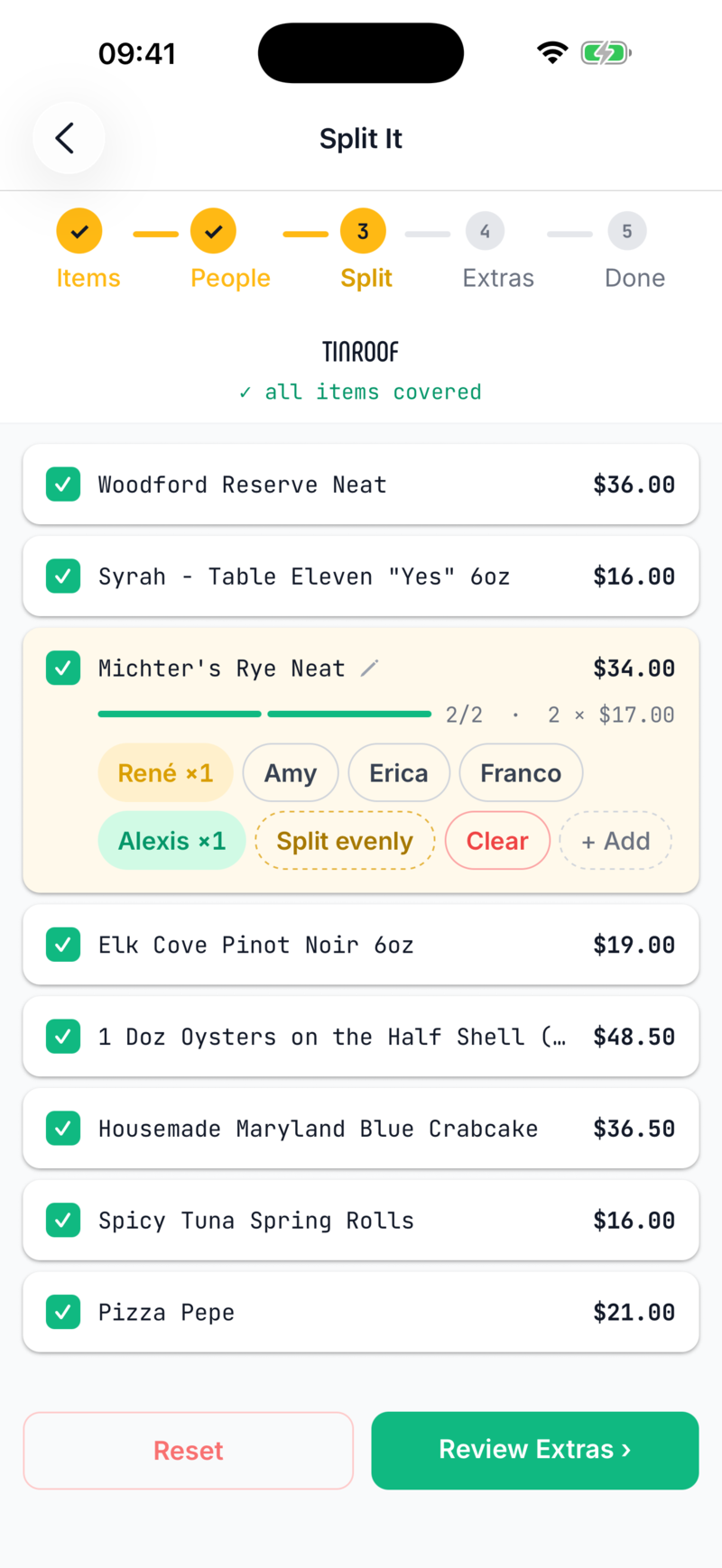Assigning items to people on a real receipt in the SplitterBot mobile app